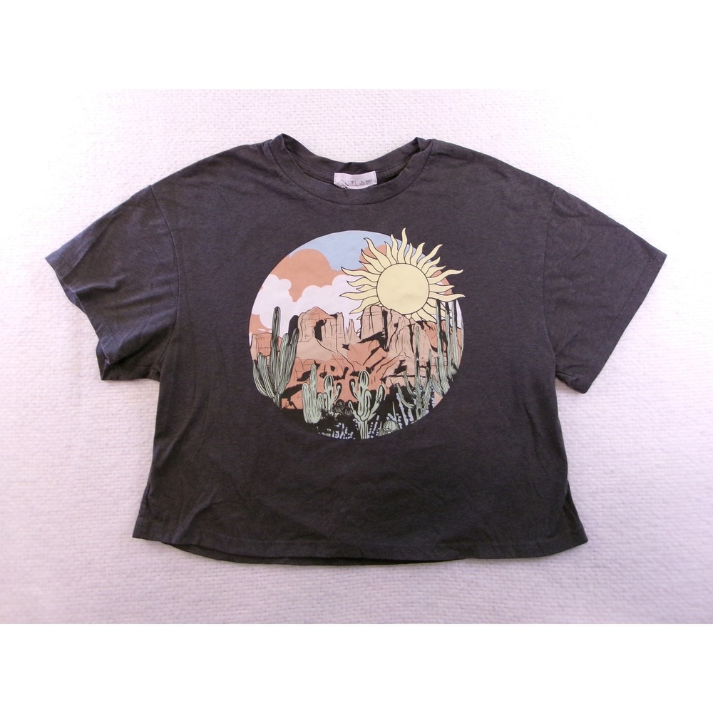 Outlaw Graphic T-Shirt Womens XS Grey‎ Desert Cactus Crop Top